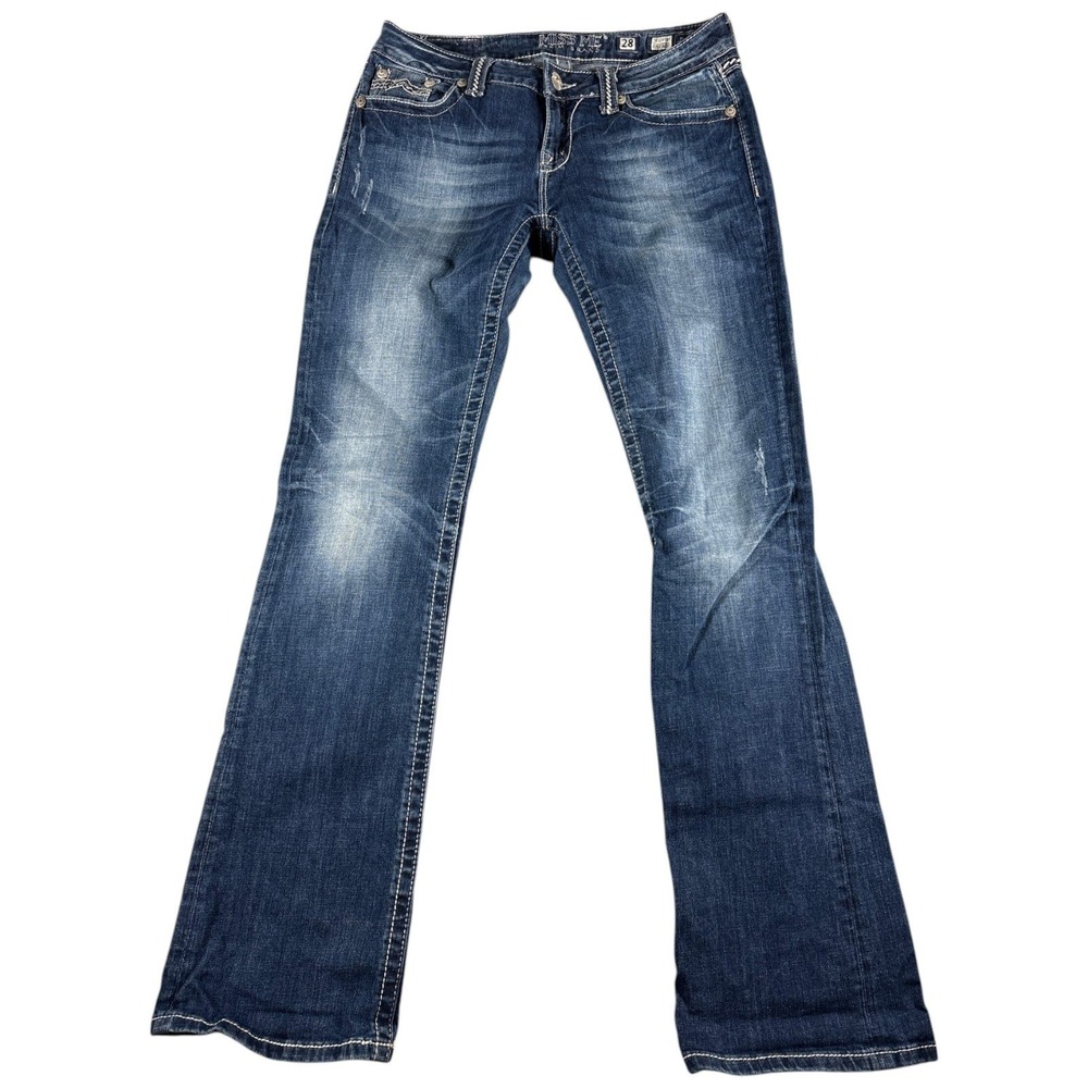 Miss Me Easy Boot Jeans Women 28 Blue Denim Whiskered Boho Streetwear Distressed